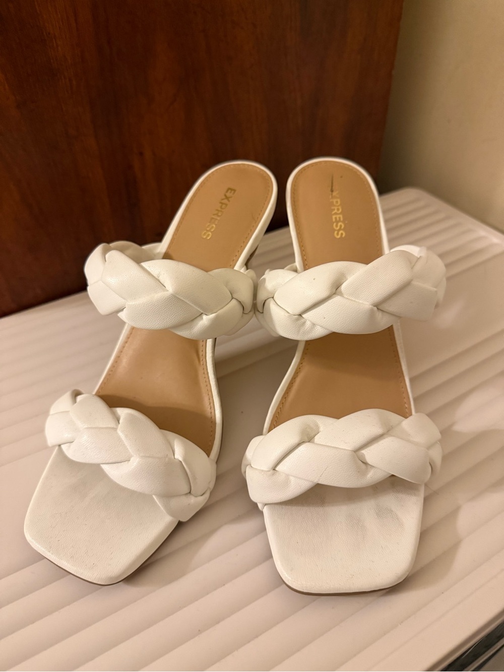 Express White Braided Double-Strap Slide Mules